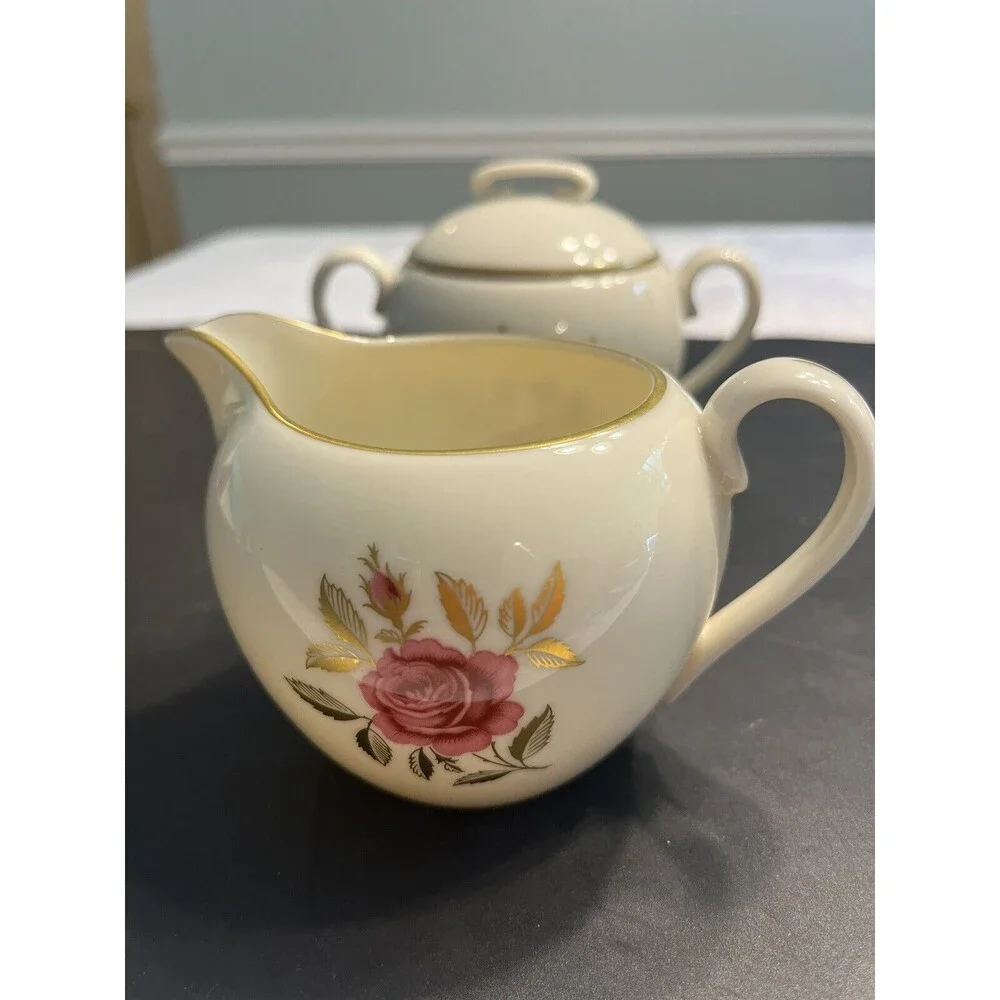 Vintage Lenox Roselyn Floral Pink Rose Gold Trim Creamer & Sugar Bowl w/ Lid